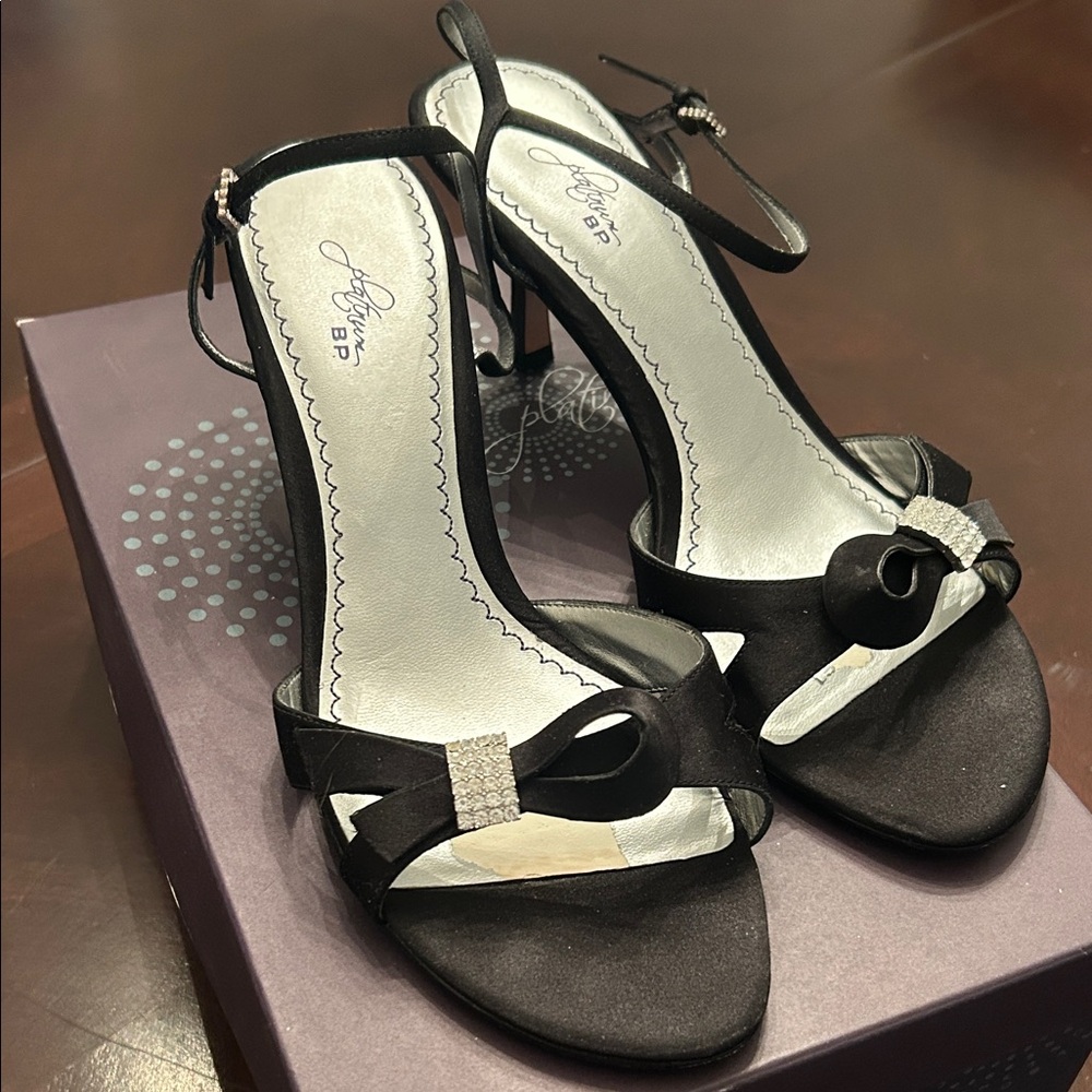 Platinum BP Black Satin Slingback Heels with Crystal Bow Accent